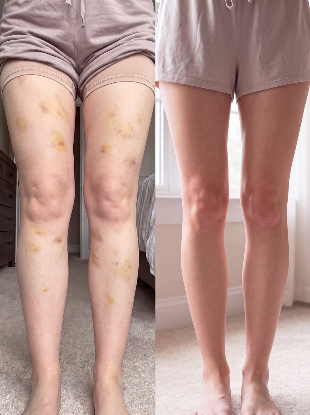 Before and after with Nova — Thigh bruising faded, legs visibly lighter.