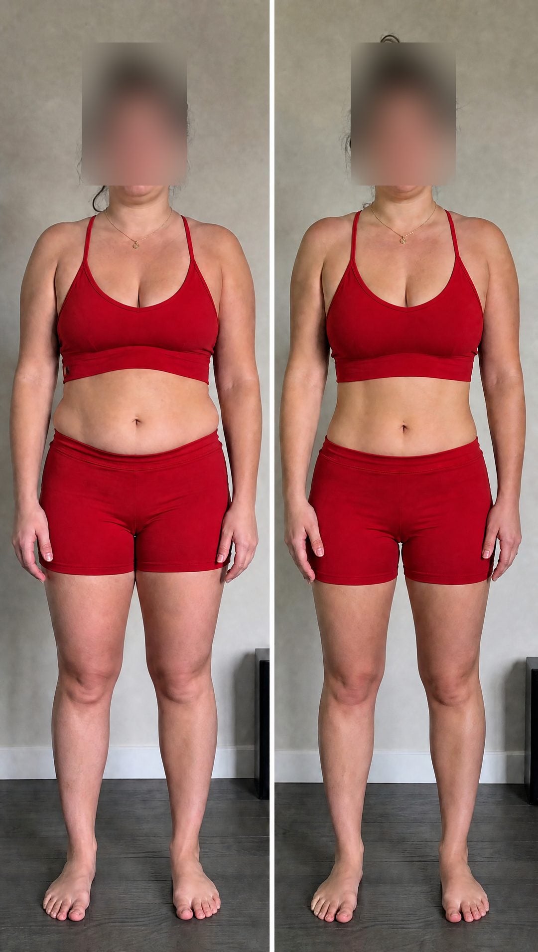 Before and after — Travel bloat drained — back to herself by morning.